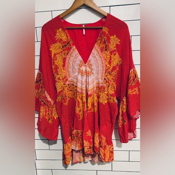 Free People Other - Free People red boho print belle sleeve Cover Up Dress M